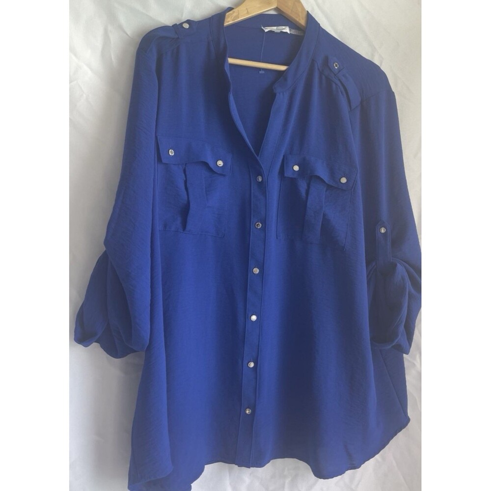 Calvin Klein XLarge Royal Blue Roll-Tab Sleeve Utility Button Front Q Luxury - Picture 2 of 14